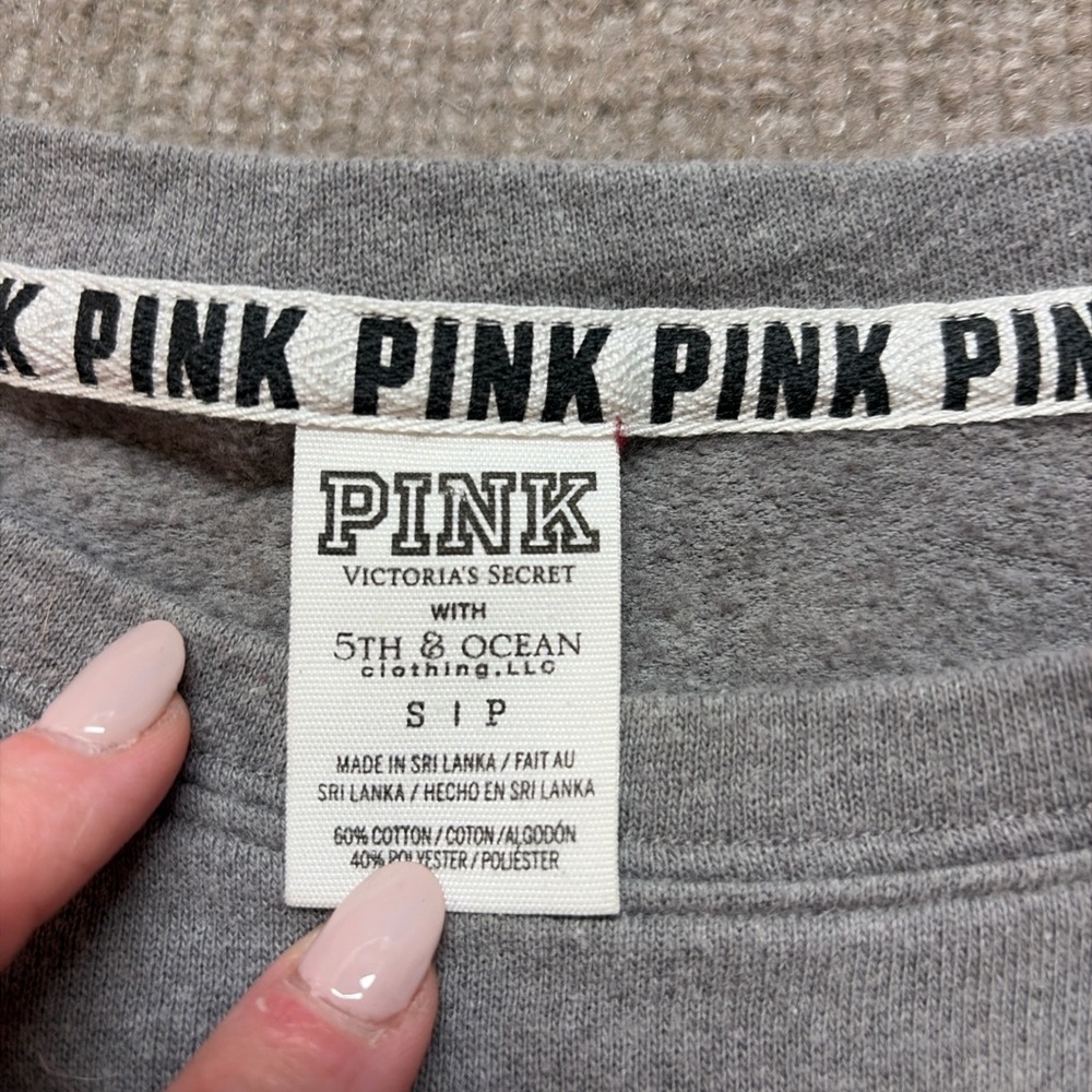 Victoria’s Secret PINK Sequin Crewneck Sweatshirt Gray CMU Gold Bling Logo 0730 - Picture 3 of 4